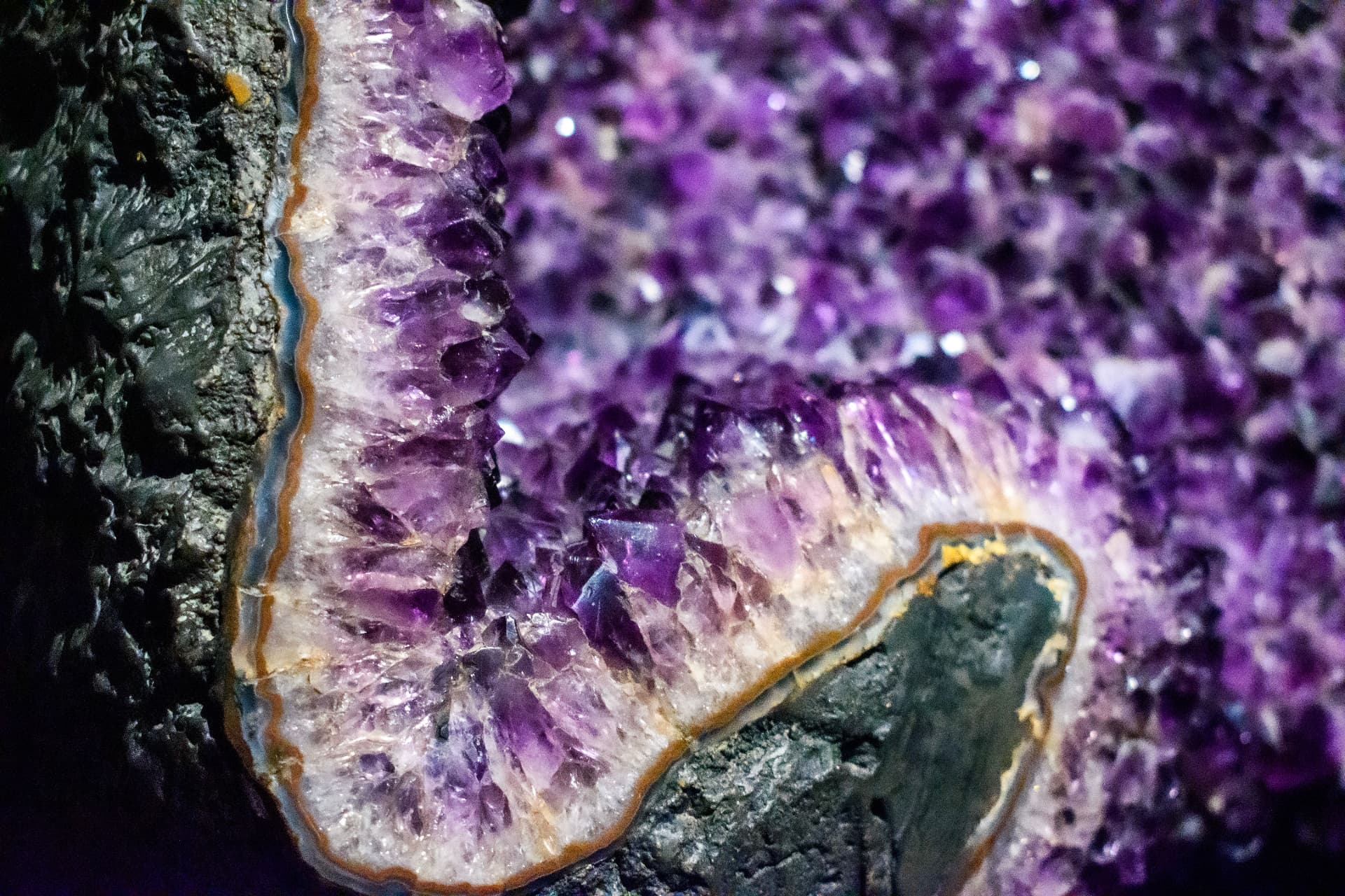Close-up of a purple amethyst geode with crystalline structure