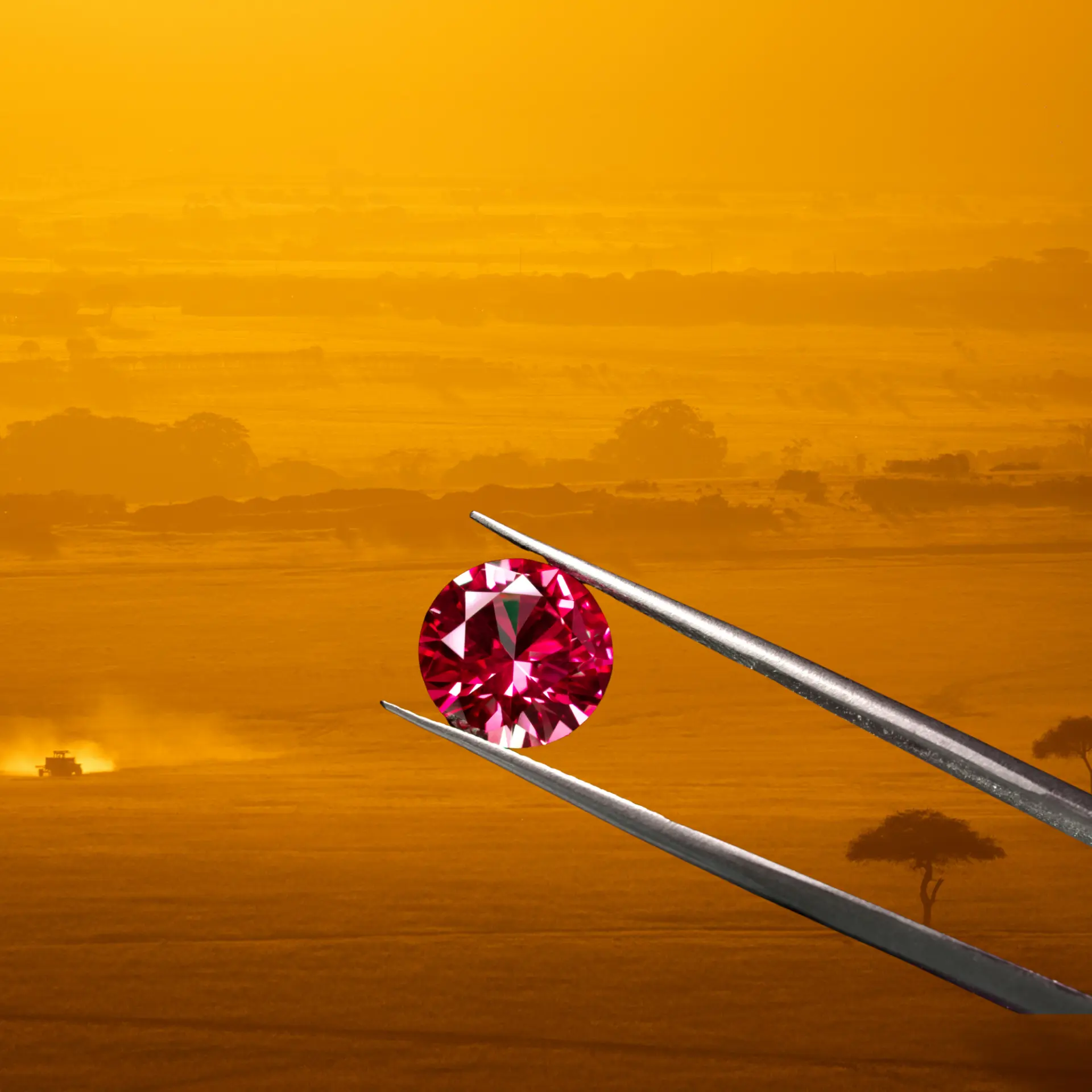 A brilliant ruby held in tweezers against a golden African savanna landscape